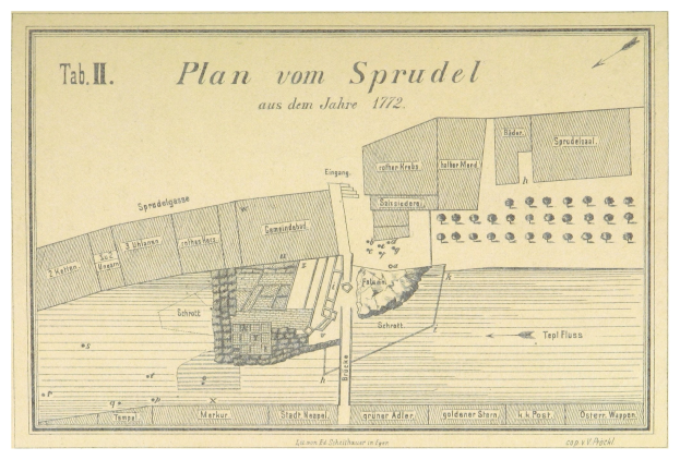 Ein Plakat mit einem Stadtplan von Spruidel, Deutschland, mit begleitendem Text, der zusätzliche Details bereitstellt.