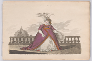 Frau in einem purpurfarbenen und weißen Kleid mit Federn auf dem Kopf, die vor einem Geländer mit einem Gebäude und Wolken im Hintergrund steht, mit Text am unteren Rand, der 'Fashion of New York, New York Street, 1790' lautet.