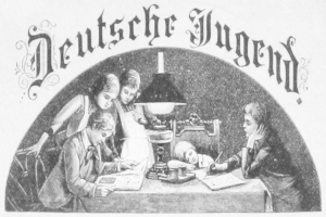 Eine Gruppe von Kindern sitzt um einen Tisch mit einer Lampe, Büchern und anderen Gegenständen, mit einem schwarz-weißen Plakat oben, auf dem die Wörter "Deutsche Jugend" stehen.