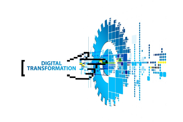 Digitales Transformationslogo mit "Digitaler Transformation" in der Mitte auf einem weißen Hintergrund, umgeben von blauen, schwarzen und gelben Punkten, die ein lebhaftes Design bilden.
