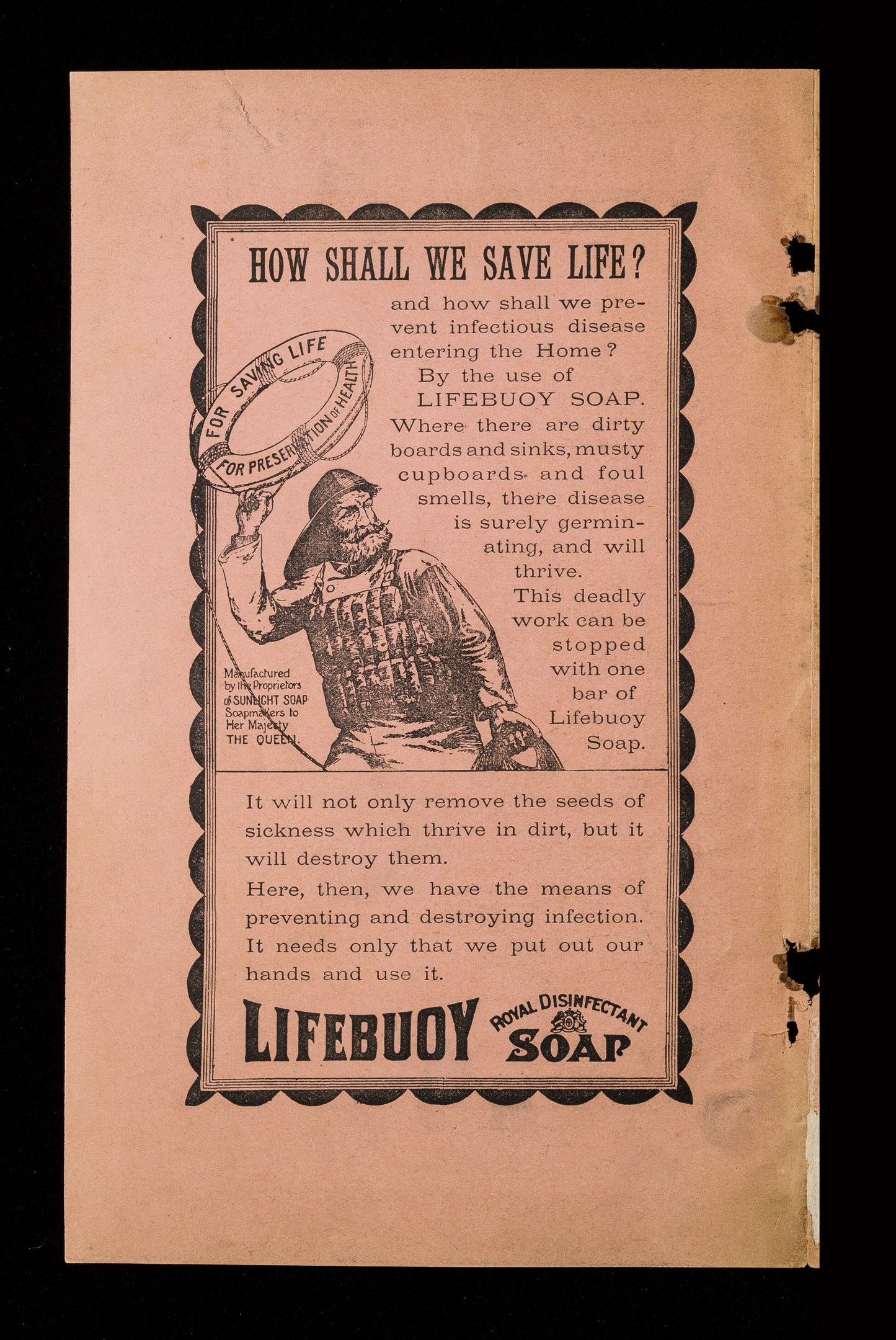 Werbung für Lifebuoy-Seife mit einem Mann in weißem Hemd und blauer Mütze, um den das Markenzeichen in fetter schwarzer Schrift steht.