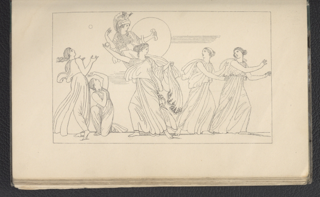 Ein Buchumschlag mit einer leuchtenden Illustration einer Gruppe tanzender Frauen in dynamischen Posen, mit detaillierter Kleidung und Gesichtsmerkmalen.