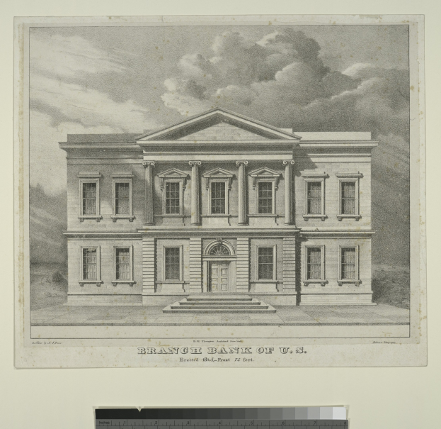 Schwarze und weiße Zeichnung eines Gebäudes mit der Beschriftung "Filiale der US-Bank", Fenstern, einer Tür, Treppen und einem bewölkten Himmel.