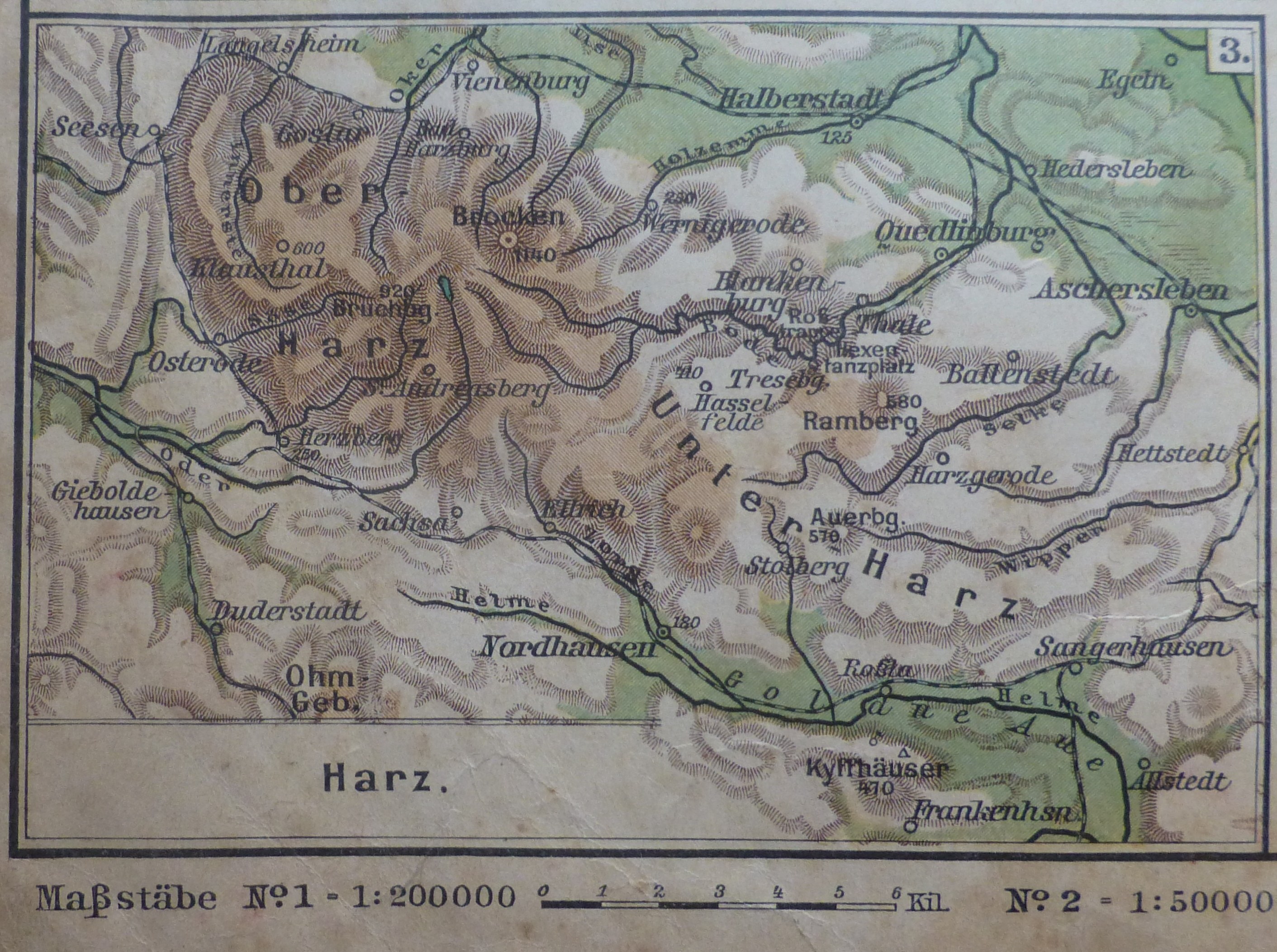 Ausführliche alte Karte des Harz, Deutschland, zeigt Straßen, Gebäude und Sehenswürdigkeiten mit Text und Zahlen an der oberen und unteren Kante.