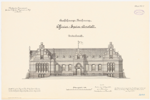 Schwarze und weiße Linienzeichnung des Reichstagsgebäudes, des Hauptsaals des Deutschen Parlaments in Berlin, mit der deutschen Flagge darauf, begleitet von Text.