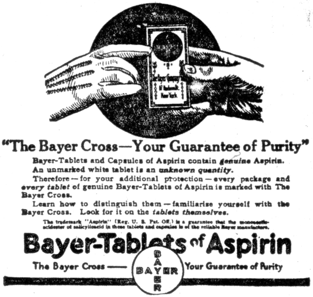 Schwarz-weißes Plakat mit einer Hand, die Bayer-Aspirin-Tabletten hält, und dem Text "Das Bayer-Kreuz - Ihre Garantie für Reinheit" darunter.