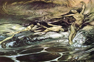 Gemälde namens "Die Meerjungfrauen" von Arthur Rackham zeigt eine Meerjungfrau in einem langen dunklen Kleid und eine Frau in einem smaragdgrünen Kleid, die in tiefblauen Ozeanwellen unter einem warmen orangen Sonnenuntergang treiben.
