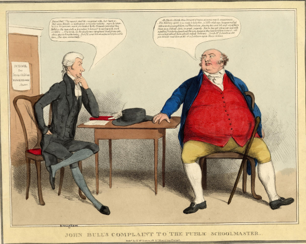 John Bull steht einem sitzenden Schulmeister gegenüber an einem Tisch mit Hut und Papieren, während eine weitere Person daneben sitzt; eine Tür und ein Papier an der Wand sind im Hintergrund sichtbar.