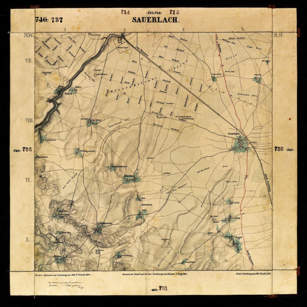Alte detaillierte Karte von Sauerlach, Deutschland, mit Straßen, Gebäuden und Merkmalen auf einem schwarzen Hintergrund.