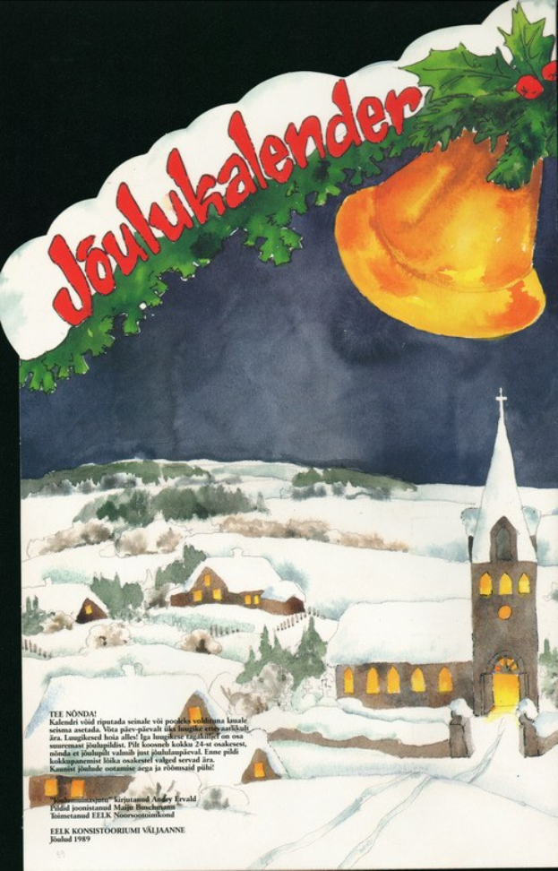 Weihnachtskartenplakat mit verschneiter Dorfansicht, Kirche im Hintergrund, Glocke an einem geschmückten Zweig und dem Text "Joulukalenteri".