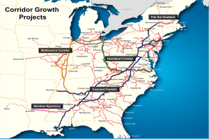 Ein Plakat mit einem hellblauen Hintergrund, das eine detaillierte Karte der Vereinigten Staaten zeigt und den schwarzen, fetten Text "Corridor Growth Projects" in der Mitte der Karte.