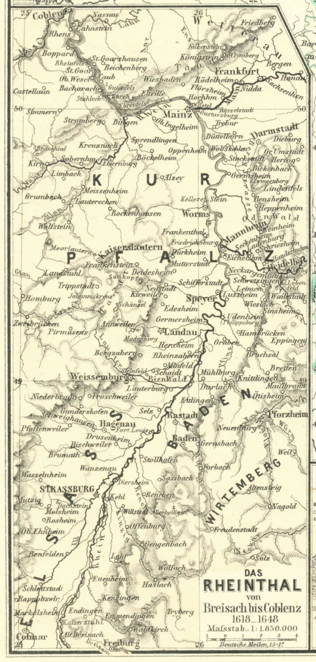 Ein detailliertes altes Kartenbild des Rheins in Deutschland, das Flüsse, Städte und Gewässer zeigt, mit Text oben und unten, der geografische Informationen liefert.