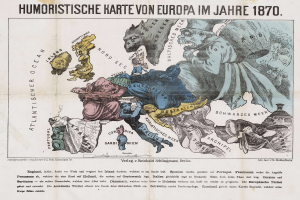 Ein Plakat mit einer Europa-Karte von 1870, umgeben von Karikaturen und dem Text "Humoristische Karte von Europa im Jahre 1870".