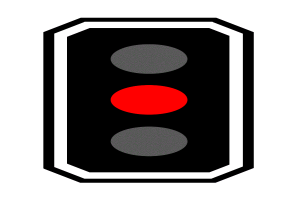 Eine schwarz-weiße Ampel mit drei leuchtenden roten Lichtern, die ein Haltesignal anzeigen.