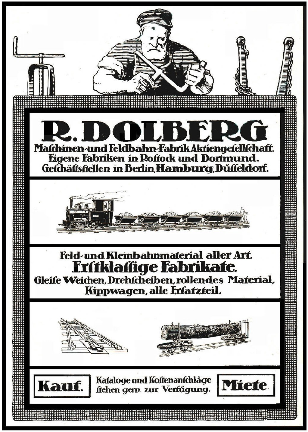 Anzeige für R.D. Dolbergs Fabrik in Hamburg, Deutschland, mit einem Plakat mit Text und Bildern einer Person, eines Zuges und anderer Gegenstände.