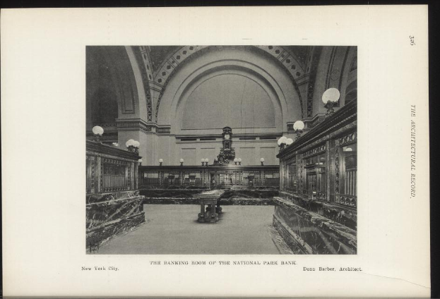 Ein Schwarz-Weiß-Foto der Geschäftsstelle der National Park Bank in New York City, das Tische, Lampen und eine Wanduhr zeigt, mit Text am unteren Bildrand.