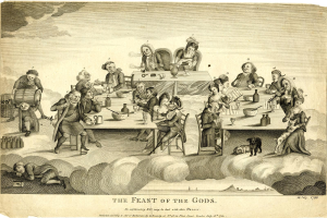 Eine fröhliche Gruppe in traditioneller Kleidung, einschließlich Hüten und Capes, versammelt sich um einen Tisch mit Speisen und feiert "Das Fest der Götter" mit Lächeln und Lachen.