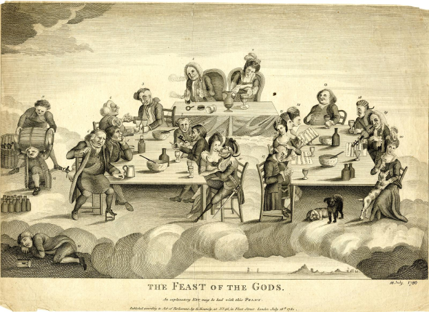 Eine fröhliche Gruppe in traditioneller Kleidung, einschließlich Hüten und Capes, versammelt sich um einen Tisch mit Speisen und feiert "Das Fest der Götter" mit Lächeln und Lachen.