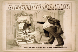 Plakat mit einem Mann, der vor einem Spiegel steht, im Hintergrund ein Stuhl und eine Pflanze, Text lautet "Eine schuldige Mutter - Du bist in deiner zweiten Kindheit".