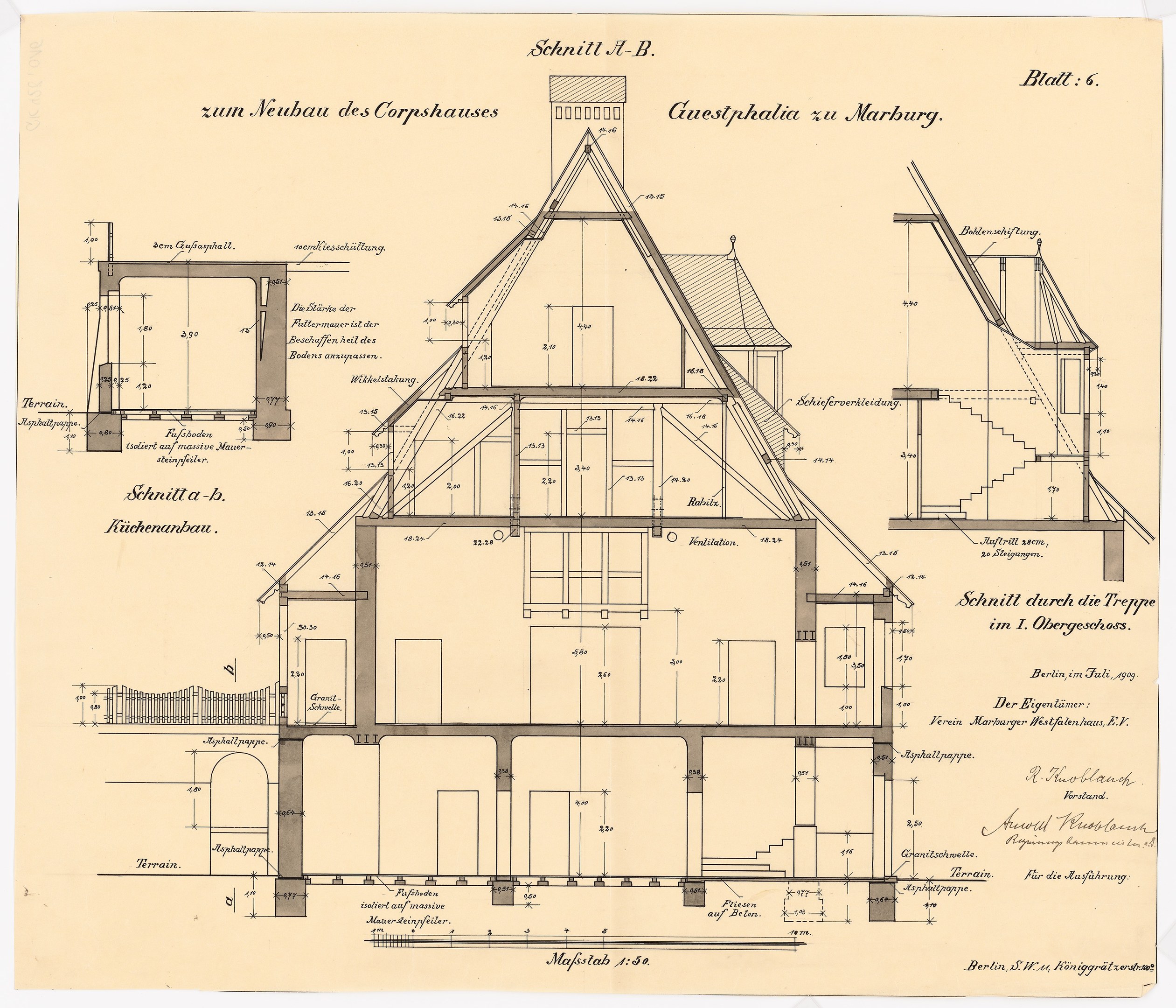 Ein detailliertes architektonisches Zeichnung eines Hauses mit zahlreichen Fenstern und einem Dach, das als erstes Haus in Deutschland gilt, begleitet von Text und Strukturplänen auf Papier.