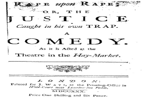 Schwarz-weißes Plakat mit fetter schwarzer Schrift, die "Vergewaltigung über Vergewaltigung oder die Gerechtigkeit, die in ihrer eigenen Falle gefangen ist" lautet, wahrscheinlich Ankündigung einer Comedy-Show.