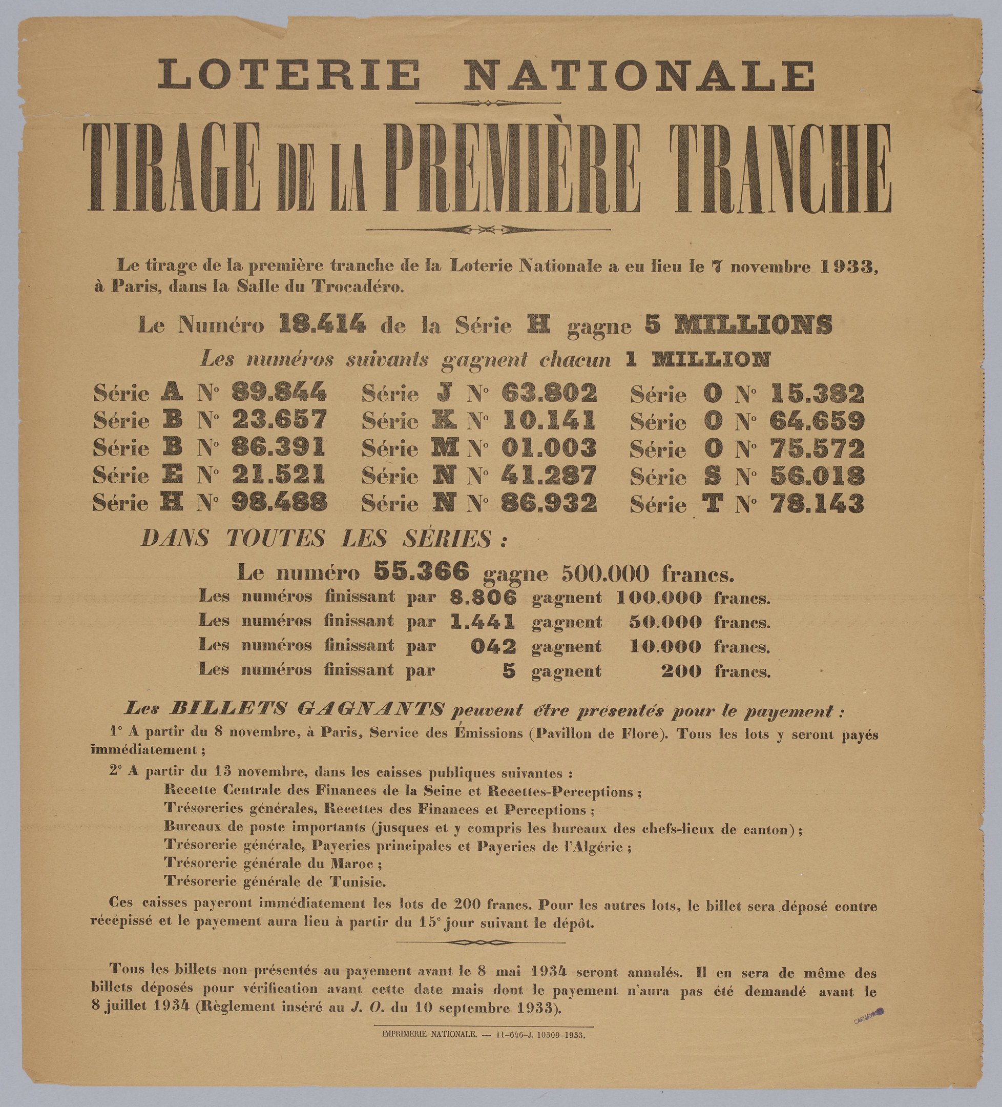 Lotterielos mit dem Text "Loterie Nationale Tirage de la Première Tranche."