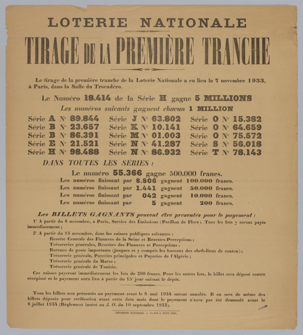 Lotterielos mit dem Text "Loterie Nationale Tirage de la Première Tranche."