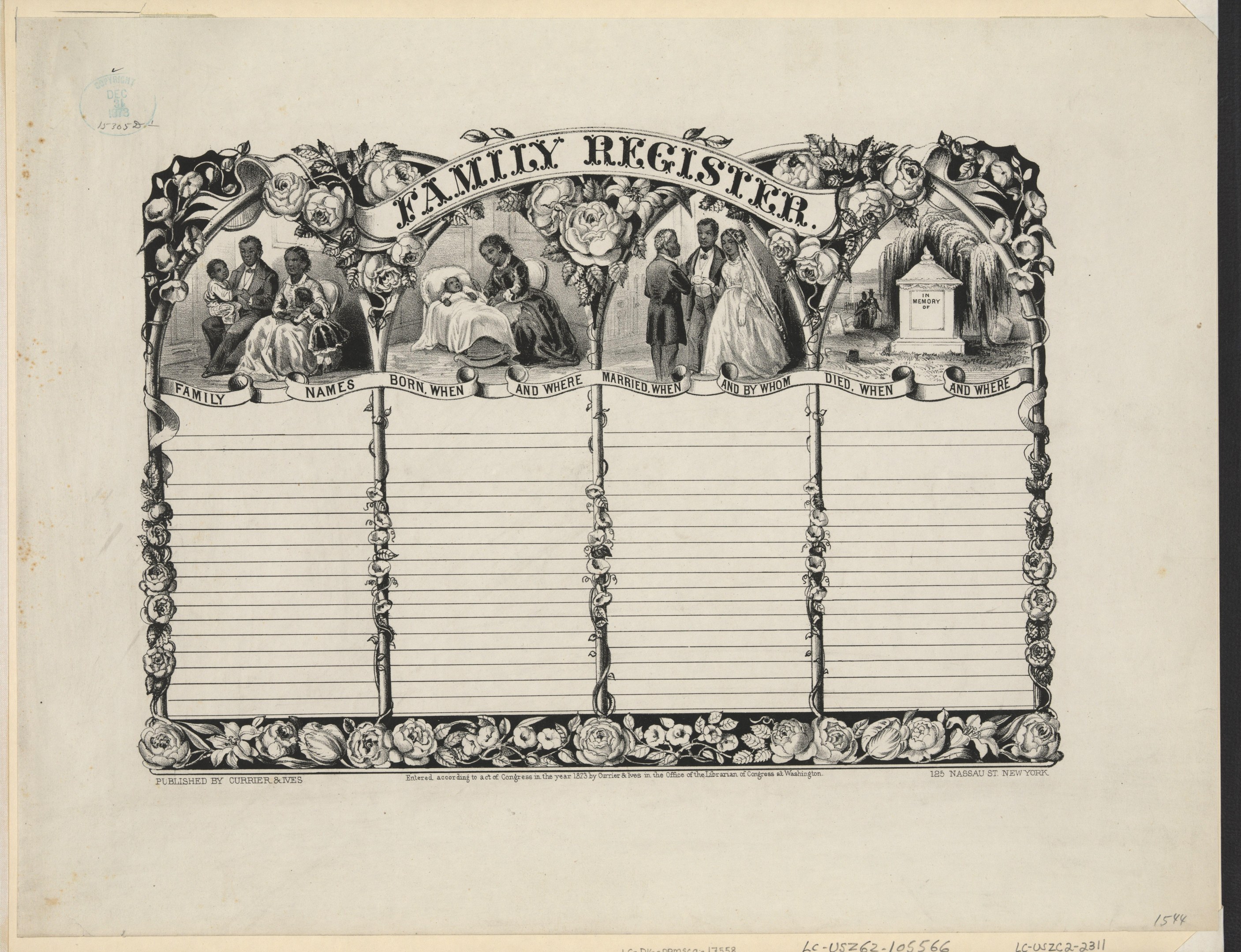 Schwarzes und weißes Familienstammbuch mit einem Gruppenfoto in der Mitte und handgeschriebenem Text, der Familieninformationen enthält.