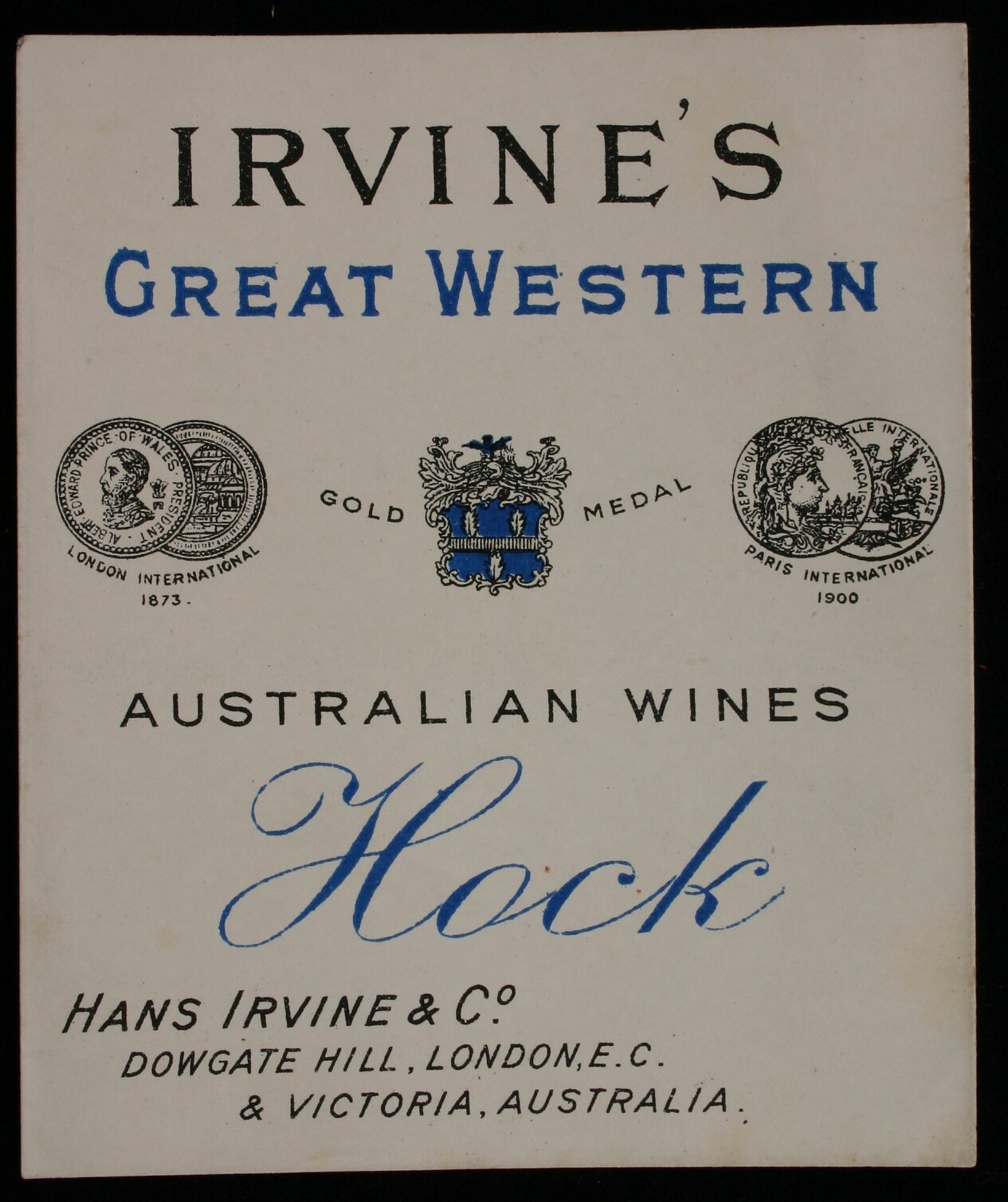 Plakat, das Irvine's Great Western Australian Wines bewirbt, mit dem Logo des Unternehmens und einer Liste der Weinarten.