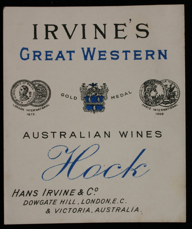 Plakat, das Irvine's Great Western Australian Wines bewirbt, mit dem Logo des Unternehmens und einer Liste der Weinarten.