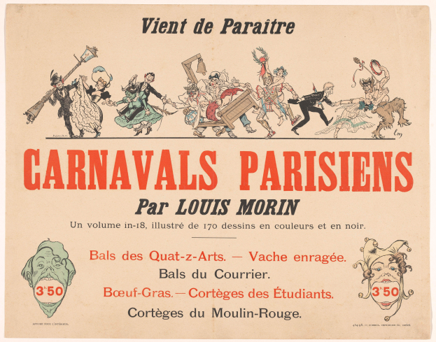 Ein Blatt mit der Überschrift "Pariser Karneval von Louis Morin" in fetter Schrift, das farbenfrohe Illustrationen von Menschen in bunten Kostümen und Masken bei einer lebendigen Karnevalszenen zeigt.