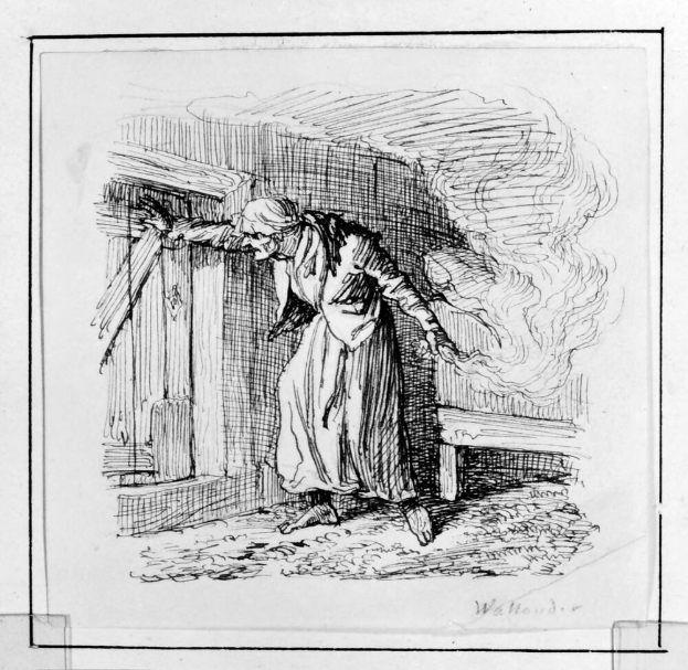 Eine ältere Frau in einem langen Kleid steht entschlossen vor einer offenen Tür, eine Stange haltend, mit einer kahlen Wand dahinter.