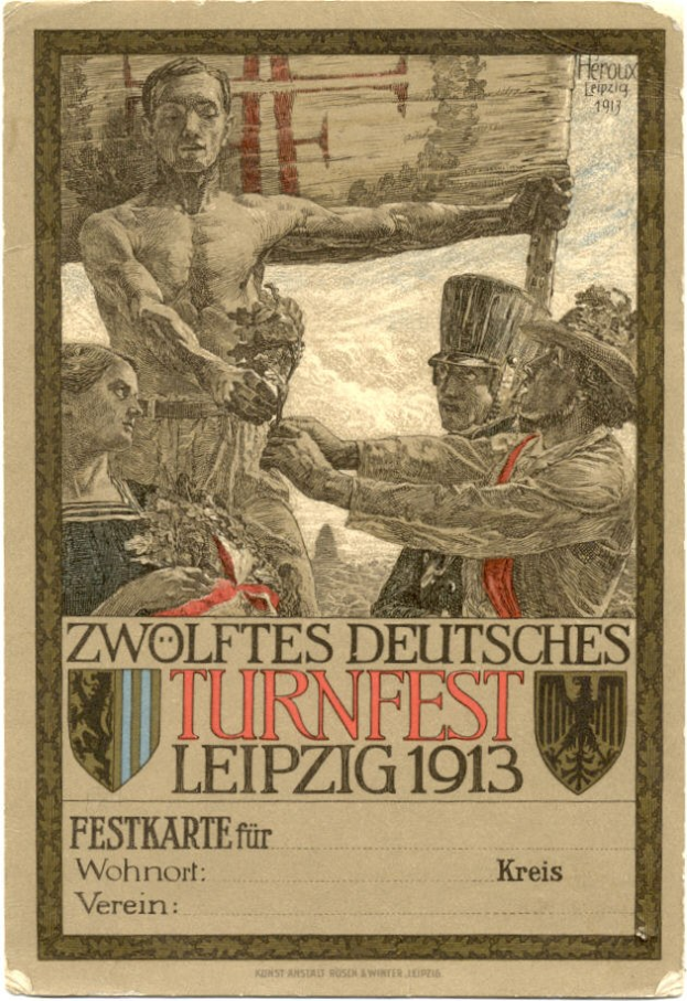 Plakat für das Zw├Âlfte Deutsche Turnfest Leipzig 1913, das eine Gruppe von Menschen in der Mitte mit Text über die Ereignisdetails zeigt.