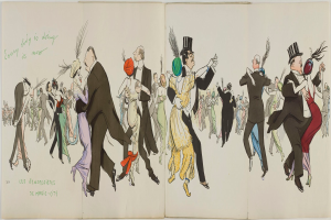 Ein aufgeschlagenes Buch mit einer Zeichnung einer Gruppe von Menschen in bunten Kostümen unter einem hellblauen Himmel mit weißen Wolken, mit der Aufschrift 'Les Vendredières de Magic City' auf der linken Seite.