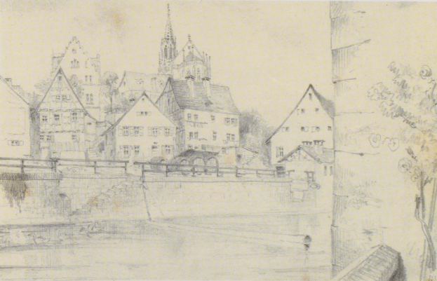 Eine Bleistiftzeichnung mit dem Titel "Nürnberg, Deutschland" von Joseph Mallord William Turner, die eine Stadtansicht mit einem Fluss, Geb├Ąuden, B├Ąumen und einer ├Ü├čberquerung zeigt.