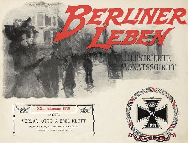 Altes Buch mit dem Titel 'Berliner Leben', das eine Gruppe von Menschen in einer feierlichen Umgebung und ein deutsches militärisches Logo zeigt.