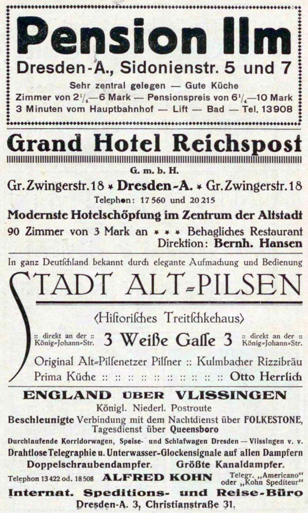 Schwarz-weiß-Anzeige für eine Pension in Dresden, Deutschland, gedruckt im Stil alter Zeitungen.