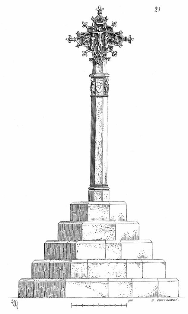 Schwarz-weiß-Zeichnung eines Kreuzes auf einem Sockel, ein Holocaust-Mahnmal, das Erinnerung und Opfer symbolisiert.