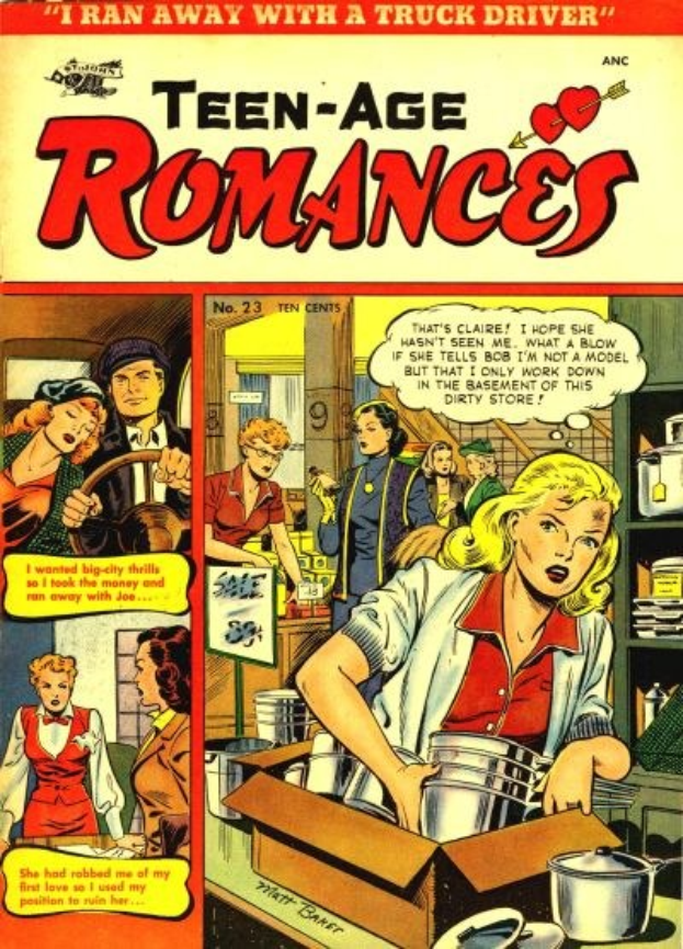 Ein buntes DC-Comics-Plakat namens 'Teen-Age Romances 23-A', das eine Gruppe von Menschen in einer romantischen Umarmung zeigt.